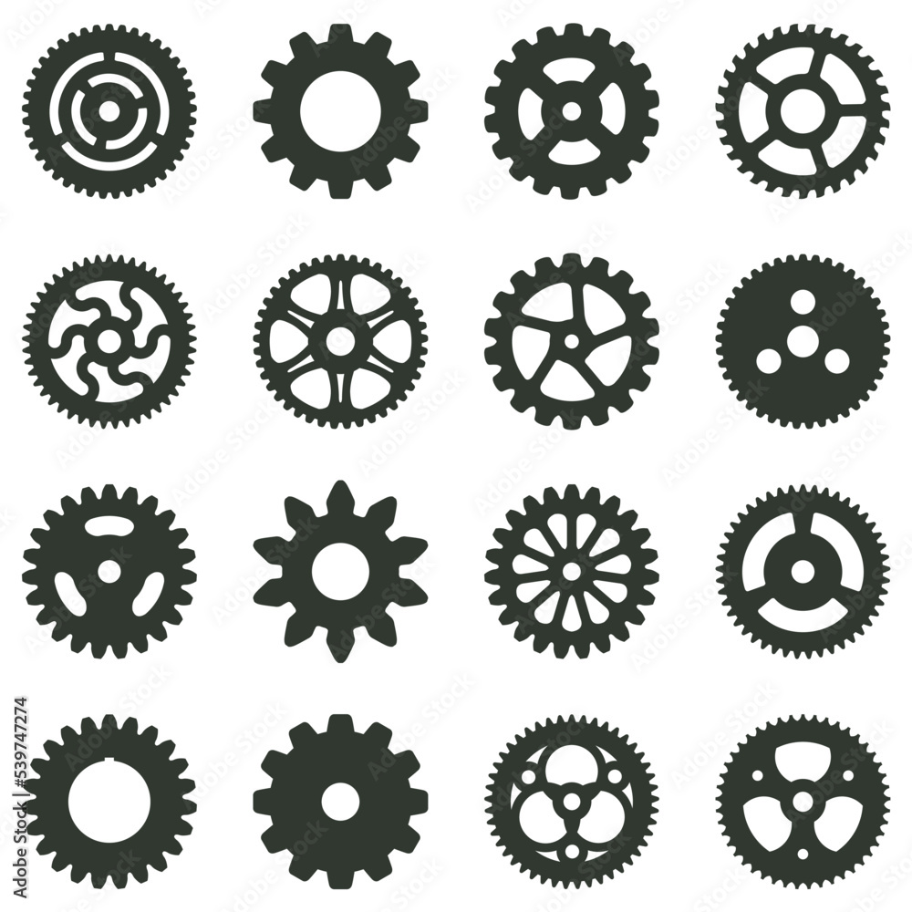 Set of gearwheels of different style, pinions and gears, part of machinery, vector - obrazy, fototapety, plakaty 