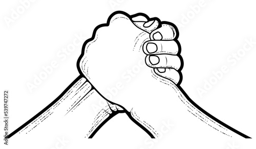 Arm wrestling contest, two hands symbol of brotherhood, strength and competition, vector