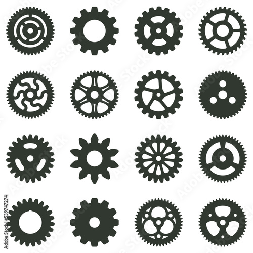 Set of gearwheels of different style, pinions and gears, part of machinery, vector