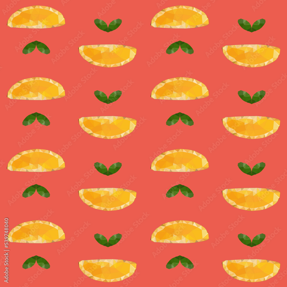 Naklejka premium Seamless pattern of orange slices in low poly style. Repeating background vector for summer fabric, decoration, backdrop, textile, wallpaper and fashion design.