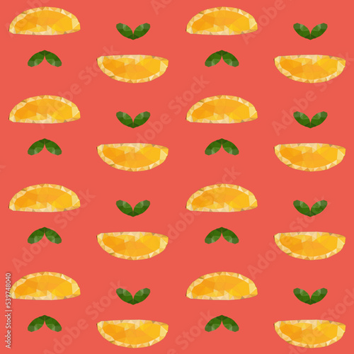Seamless pattern of orange slices in low poly style. Repeating background vector for summer fabric, decoration, backdrop, textile, wallpaper and fashion design.
