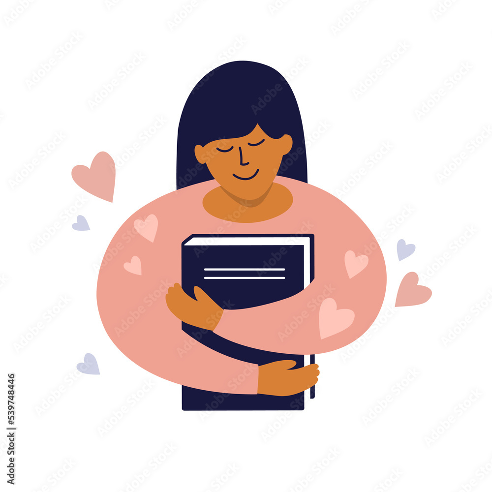 Happy girl hugging huge book or diary. Bookworm, reader, literature or poetry lover. Rare or limited edition. Female in love with book. Young woman loving read. Writer, author. Art vector illustration