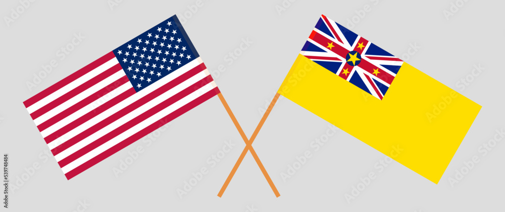 Crossed flags of the USA and Niue. Official colors. Correct proportion Crossed flags of the USA and Niue. Official colors. Correct proportion