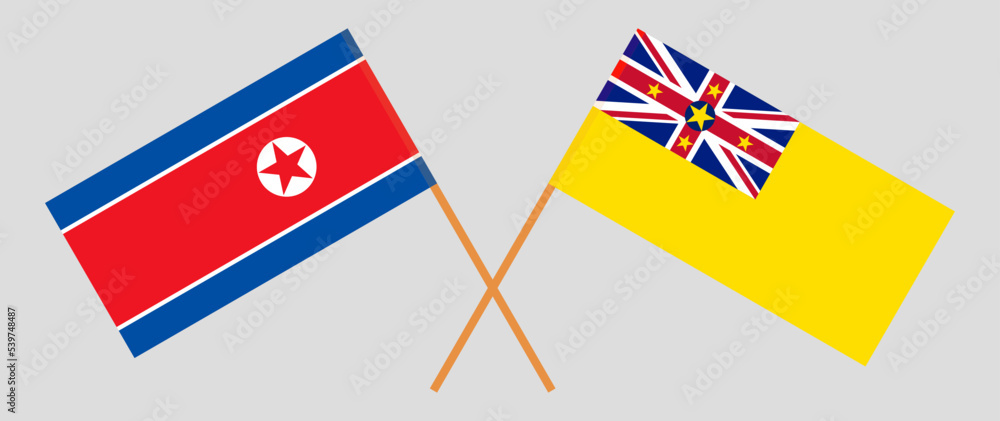 Crossed flags of North Korea and Niue. Official colors. Correct proportion