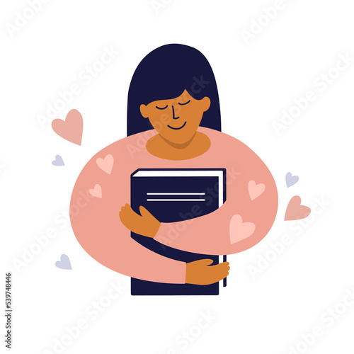 Happy girl hugging huge book or diary. Bookworm, reader, literature or poetry lover. Rare or limited edition. Female in love with book. Young woman loving read. Writer, author. Art vector illustration