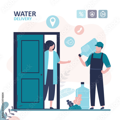 Deliveryman brought two gallons of fresh water. Cute woman takes bottled water from courier