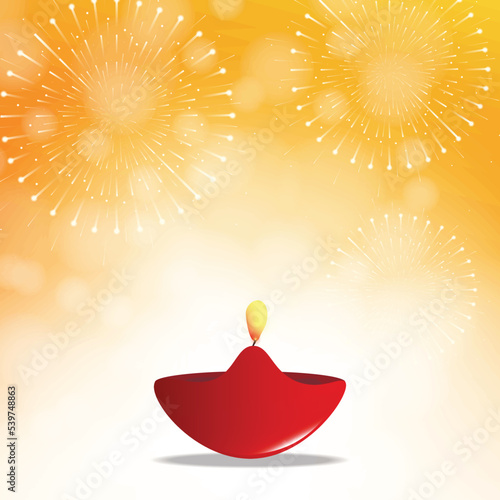 Happy Diwali, Diya oil lamp with crackers on yellow bokeh background illustration.