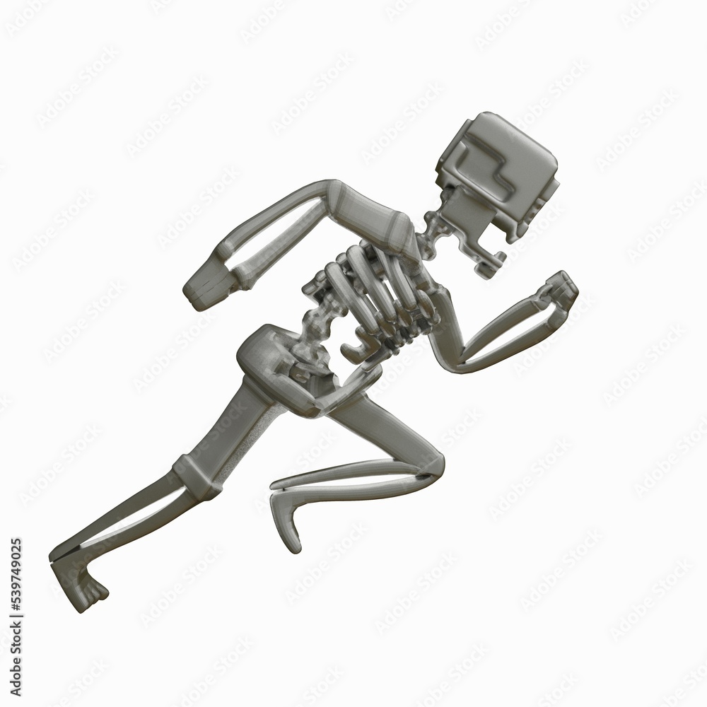 3D stylized model of a skeleton in the pose of a beginner runner. the concept of doing sports. 3d render illustration 3D stylized model of a skeleton in the pose of a beginner runner. the concept of doing sports. 3d render illustration