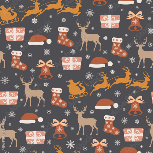 Christmas seamless pattern with Santa Claus and gifts on a dark background. Vector design template. Happy New Year background. Season greeting.
