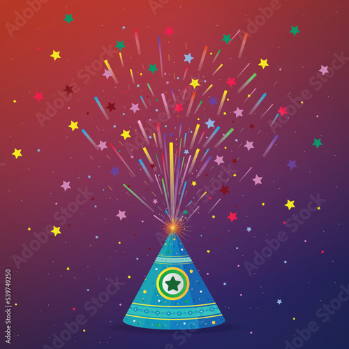 Happy Diwali. Diwali Firecracker Flower Pot with Bursting Stars. Diwali festival celebration banner. greeting card, invitation or advertising poster.