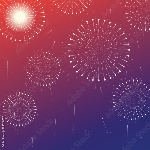 Festive firecrackers bursting in different patterns on colorful background. Colorful fireworks background.