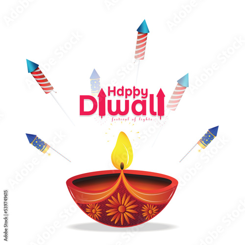 Happy Diwali. Diwali crackers with big diya oil lamp on white background. India's Festival of Lights