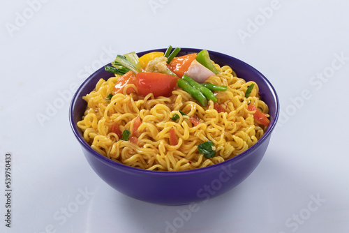 plane, chicken, egg, beef, prawn instant noddle's isolated on white background for design or packaging