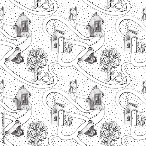 Winter seamless pattern. Cute houses  a snowy street  a snowman and a car with a Christmas tree.
