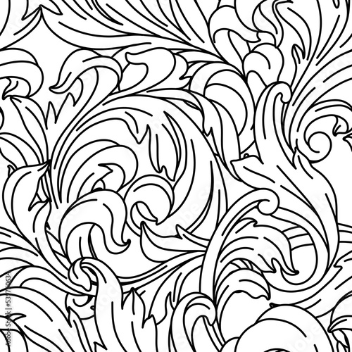 Decorative floral seamless pattern in baroque style. Engraved black curling plant.