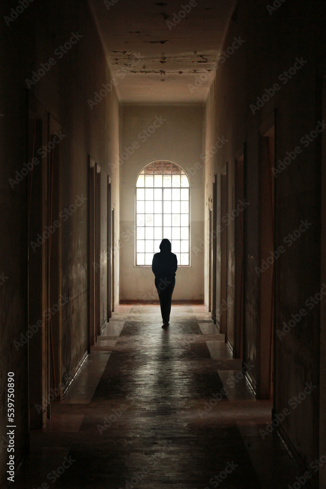 View of a dark creepy dark hall with a woman in the center