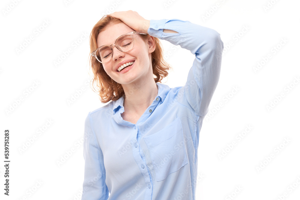 Portrait of positive redhead girl in business shirt emotionally rejoices and feels happy isolated on white background, advertising banner Portrait of positive redhead girl in business shirt emotionally rejoices and feels happy isolated on white background, advertising banner