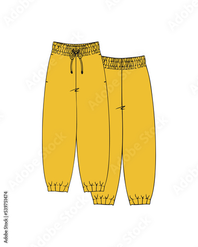 breeches. fashion. pants on both sides. vector illustration. design. yellow sweatpants with laces. joggers, pants. icon. jeans. 
sport