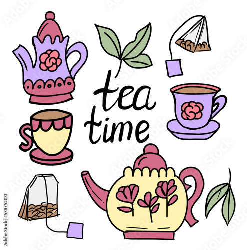 Tea time set with teapot, cups, teabags. Vector illustration