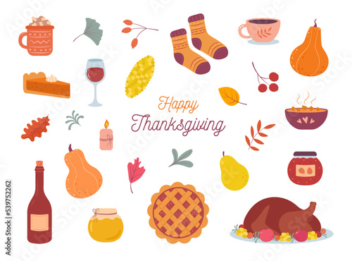 Thanksgiving day. Vector cozy set of autumn icons: turkey, falling leaves, pumpkin pie, candle, cocoa mug, pumpkins, cozy food. Scrapbook collection of fall season elements. Suitable for greeting card