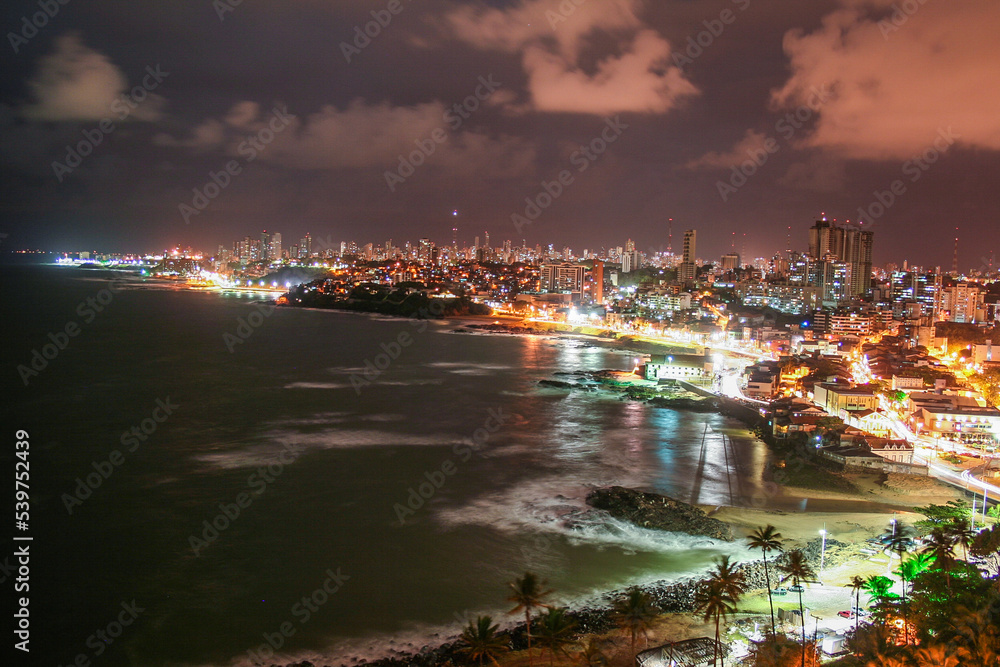 View of coastline of salvador Bahia at night from hotel in Brazil View of coastline of salvador Bahia at night from hotel in Brazil