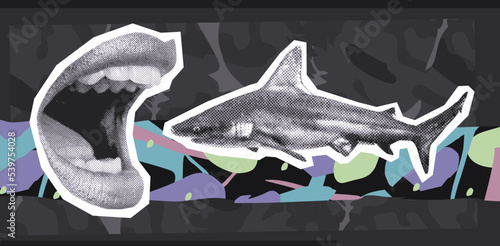 Fashion digital illustration collage art. Mixed animal, geometry and abstract creative 
objects. Stylish zine funny design