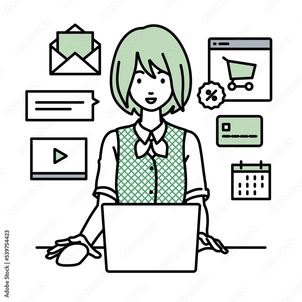 デスクで座ってPCでネットショップやマーケティングの仕事をしている事務員制服の女性