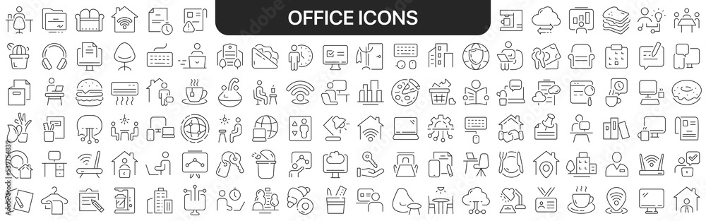 Office icons collection in black. Icons big set for design. Vector linear icons Office icons collection in black. Icons big set for design. Vector linear icons