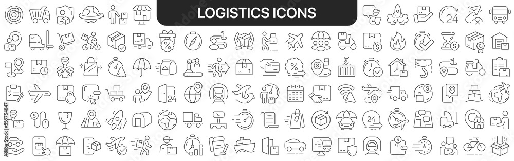Logistics icons collection in black. Icons big set for design. Vector linear icons Logistics icons collection in black. Icons big set for design. Vector linear icons