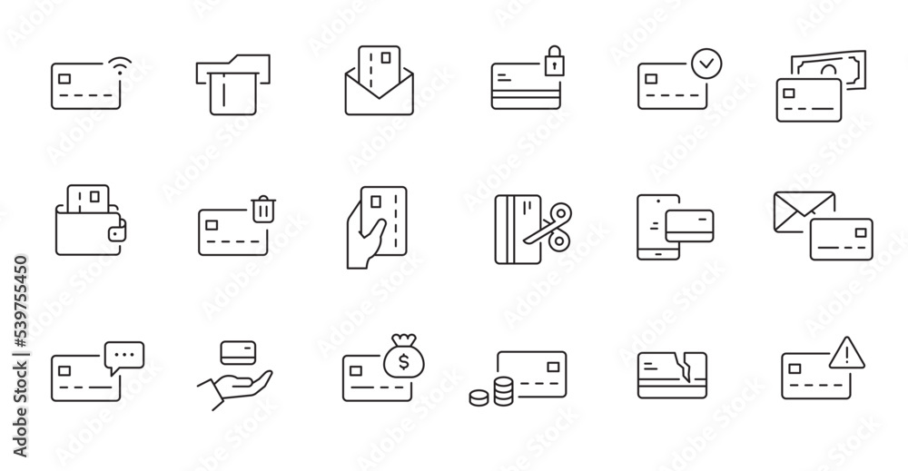 Credit card payment line icon set. Credit card money transaction, online wallet pay, shopping business pictogram. Outline editable stroke icon set. Vector illustration.