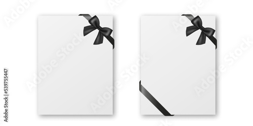 Vector Blank Funeral Card, Banner Template, Background with Black Silk Ribbon Bow, Corner. Design Template for Card Invitation with Black Silk Ribbon