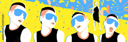 Fashion digital illustration set. Stylish party Girl on trendy creative background