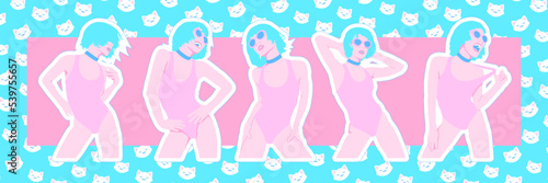 Fashion digital illustration set. Stylish party Girl on trendy creative background