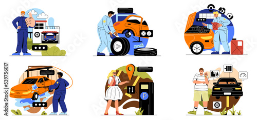 Automobile service. Auto mechanic diagnoses car engine, repairs breakdowns, changes oil and tires. Vehicle washing, refueling and garage parking. Cartoon flat vector collection isolated on white