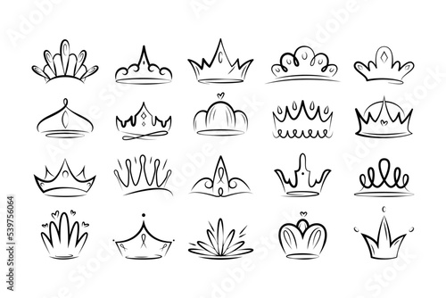 Set of different linear crowns. Simple icon with tiaras for king, queen and royal families. Luxury diadem for prince and princess or sultan. Cartoon flat vector collection isolated on white background