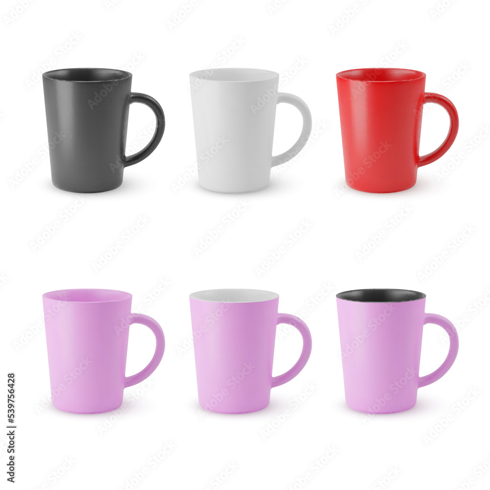 Illustration of Six Realistic Empty Ceramic Tea Mug. Mockup with Shadow Effect, and Copy Space for Your Design. For Web Design, and Printing on a White Illustration of Six Realistic Empty Ceramic Tea Mug. Mockup with Shadow Effect, and Copy Space for Your Design. For Web Design, and Printing on a White