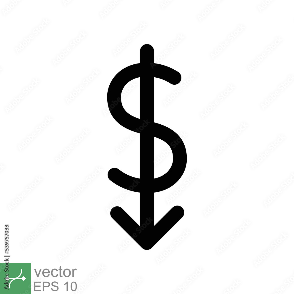 Cost reduction icon. Simple solid style. Dollar low, down, money with arrow, finance, investment, business concept design. Glyph vector illustration isolated on white background. EPS 10. Cost reduction icon. Simple solid style. Dollar low, down, money with arrow, finance, investment, business concept design. Glyph vector illustration isolated on white background. EPS 10.