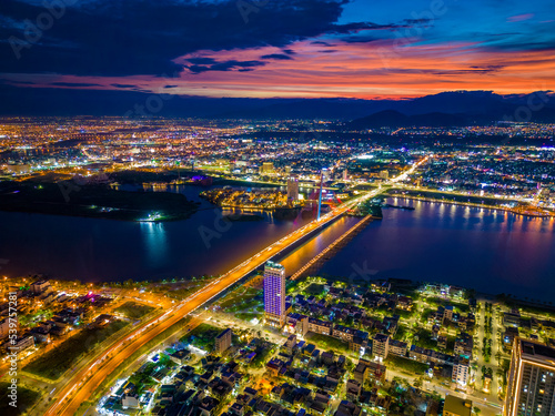 Aerial view of Han river which is a very famous destination of Da Nang city. © Kien