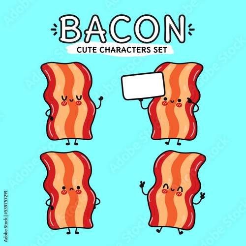 Funny cute happy bacon characters bundle set. Vector hand drawn doodle style cartoon character illustration icon design. Isolated on blue background. Cute bacon mascot character collection