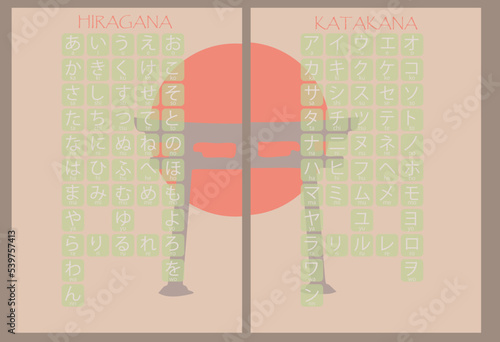 Set Hiragana and Katakana Japanese basic characters handwritten table. 