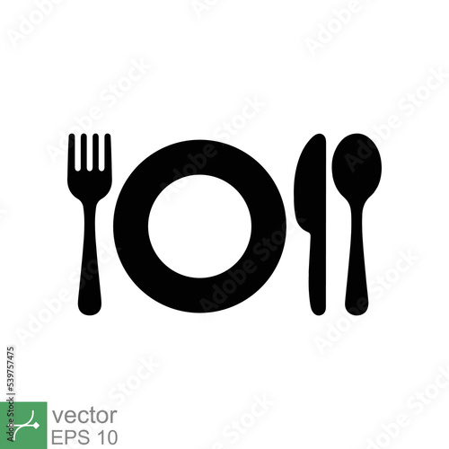 Plate, fork, knife, and spoon icon. Simple flat style. Meal, eat, lunch, dinner, dish, food, tableware, utensil  concept design. Vector illustration isolated on white background. EPS 10.