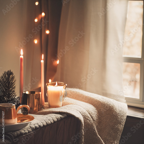 Cozy winter or autumn morning at home. Swedish hygge includes hot coffee with a gold metallic spoon