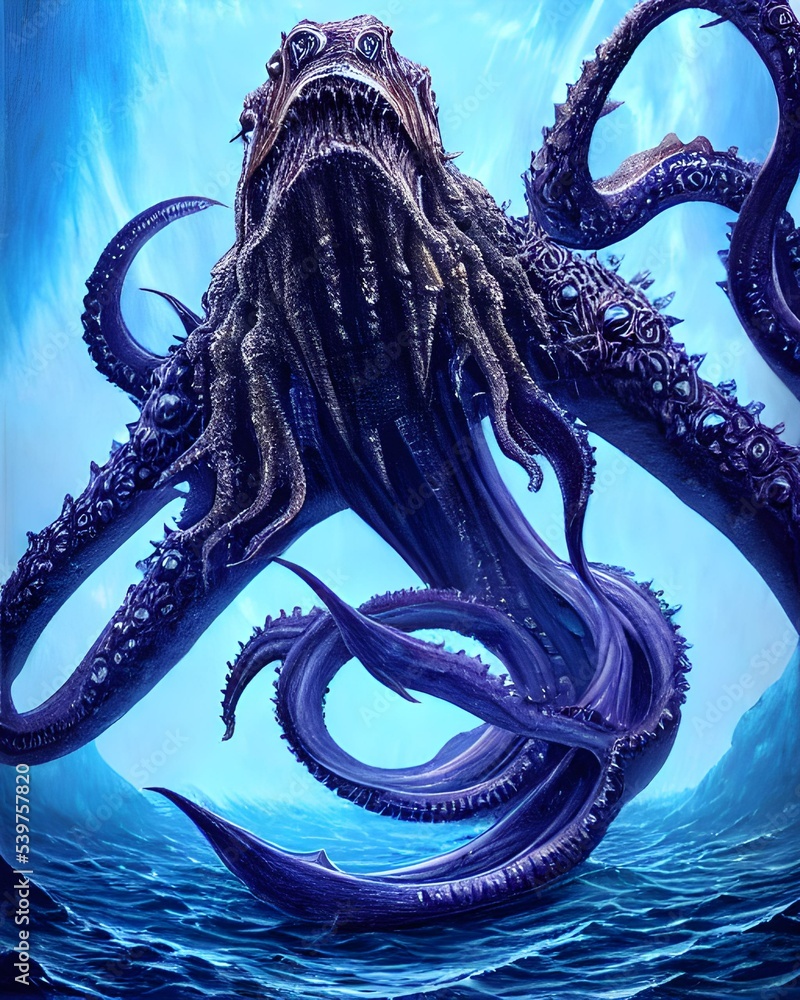 Illustrations of the underwater monster Cthulhu. Scary monster octopus, mutant, terrible cthulhu