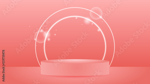 Pedestal of platform display with modern stand podium on red room background. Blank Exhibition stage backdrop or empty product shelf.