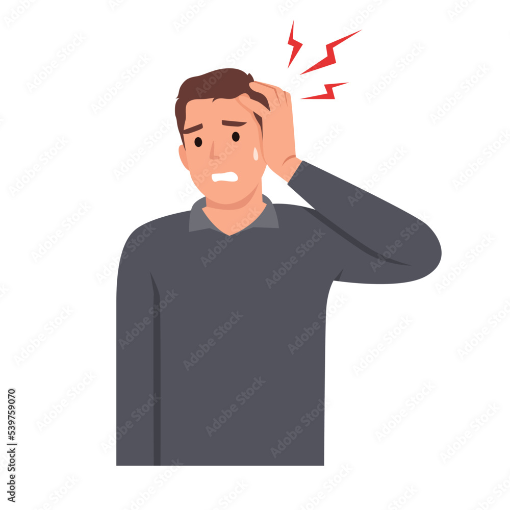 Young man having headache, migraine. Flat vector illustration isolated on white background Young man having headache, migraine. Flat vector illustration isolated on white background