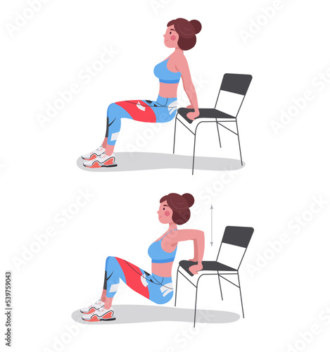Young woman doing fitness exercise chair dips, Sportswoman, fitness exercise, chair push-ups, fitness at home.