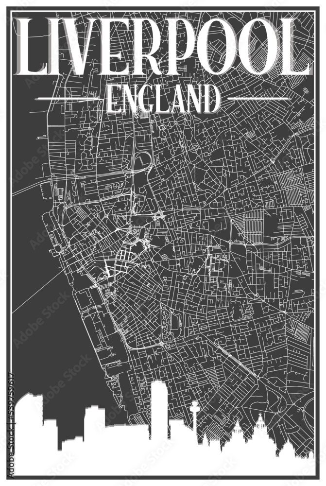 Obraz premium Black vintage hand-drawn printout streets network map of the downtown LIVERPOOL, ENGLAND with brown 3D city skyline and lettering