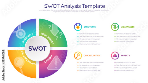 Swot analysis circle diagram. Chart template with four steps, business icons and place for text. Modern infographic design for website or presentation.