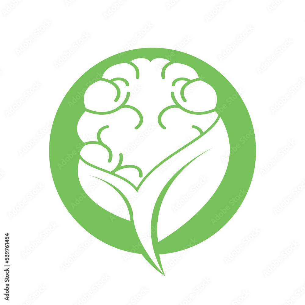 Brain and leaf logo combination vector design. Organic brain logo vector design. Brain and leaf logo combination vector design. Organic brain logo vector design.