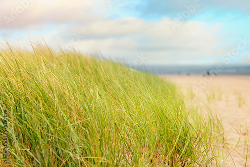 Beautiful view of dunes and sandy walkway to the beach in Yorkshire UK